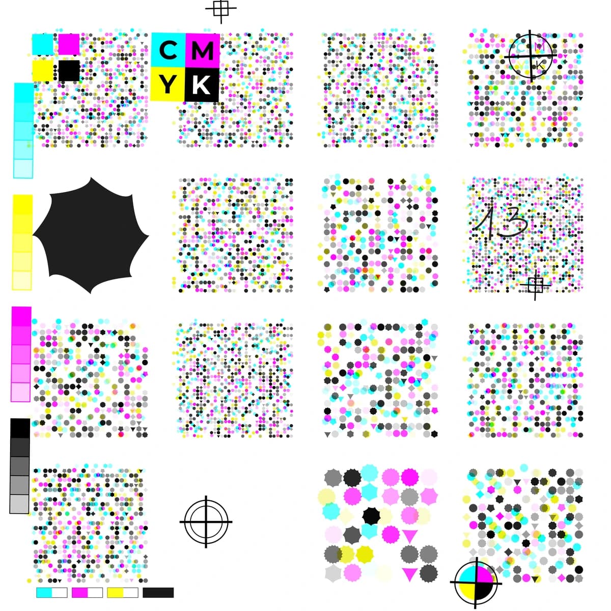 cmyk, a light press sheet imposed with process-color cells, registration crosses, and the CMYK slug