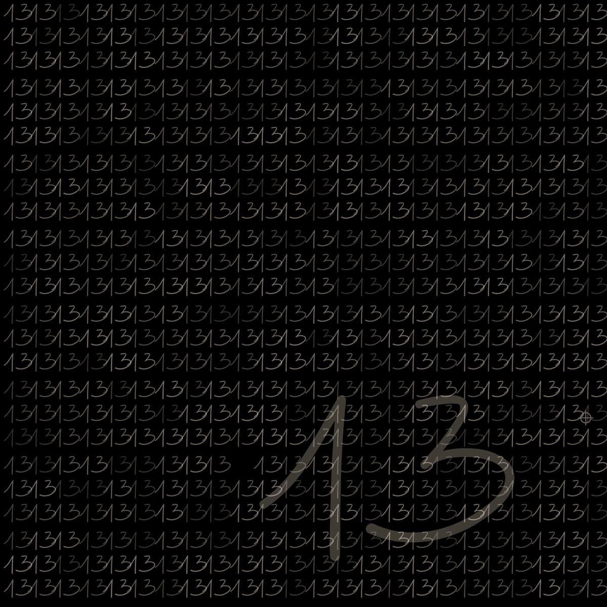 cmyk, a dark sheet written edge to edge with small 13s, one drawn large