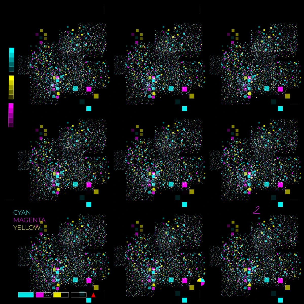 cmyk, nine dark panels of scattered process-color squares with calibration bars