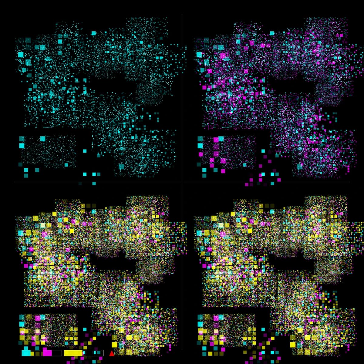 cmyk, four dark panels stippled in cyan, magenta, and yellow