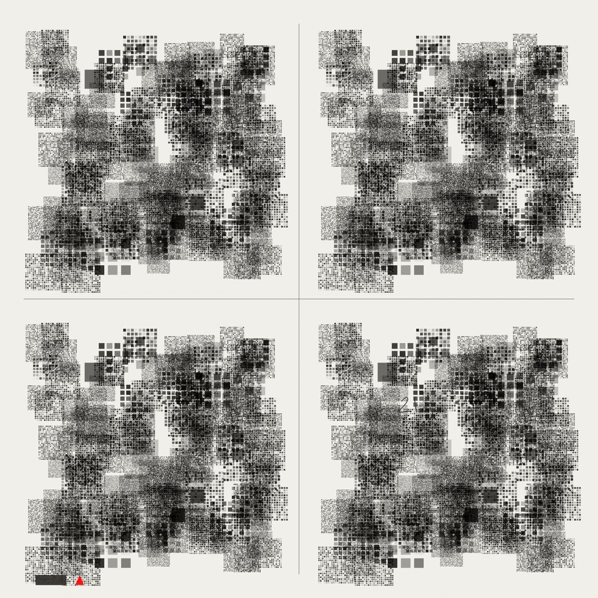 cmyk, four panels of black ink, distressed and ghosted, on a pale sheet