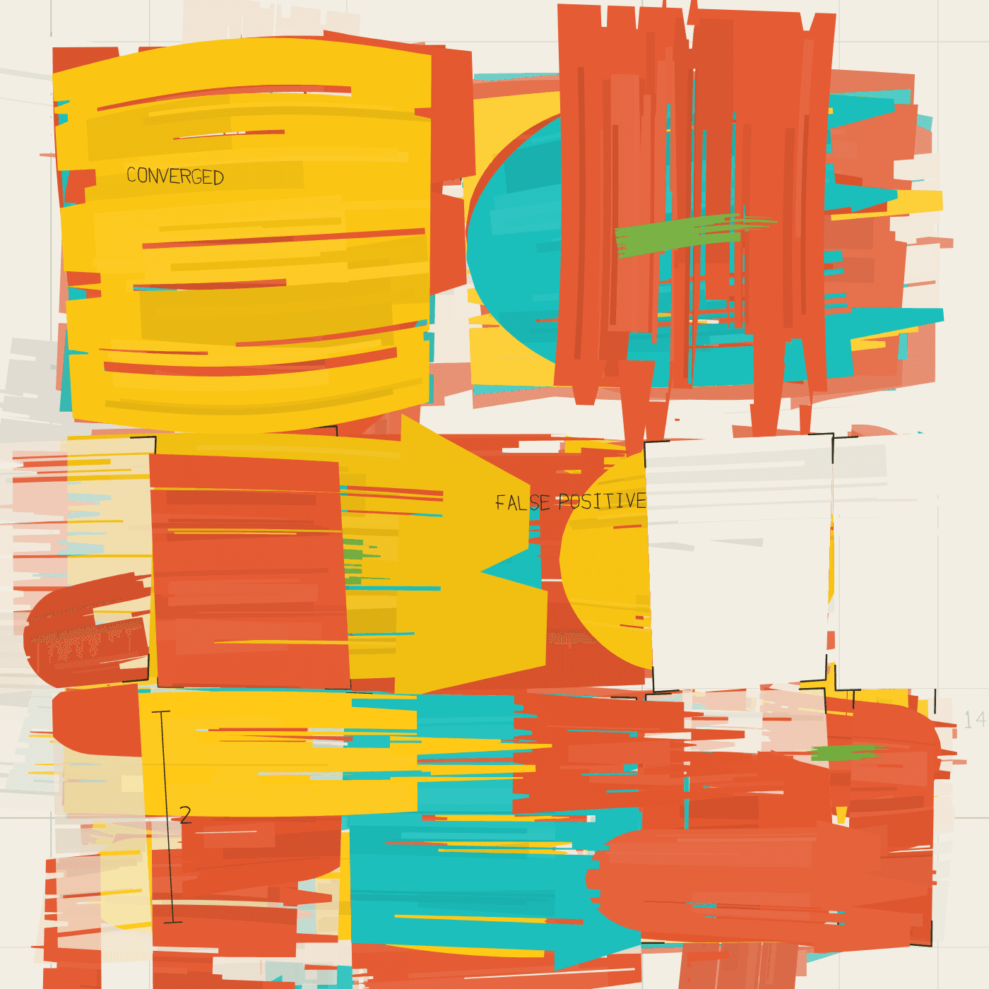pentimento, two blocks kept back, crop marks at their corners